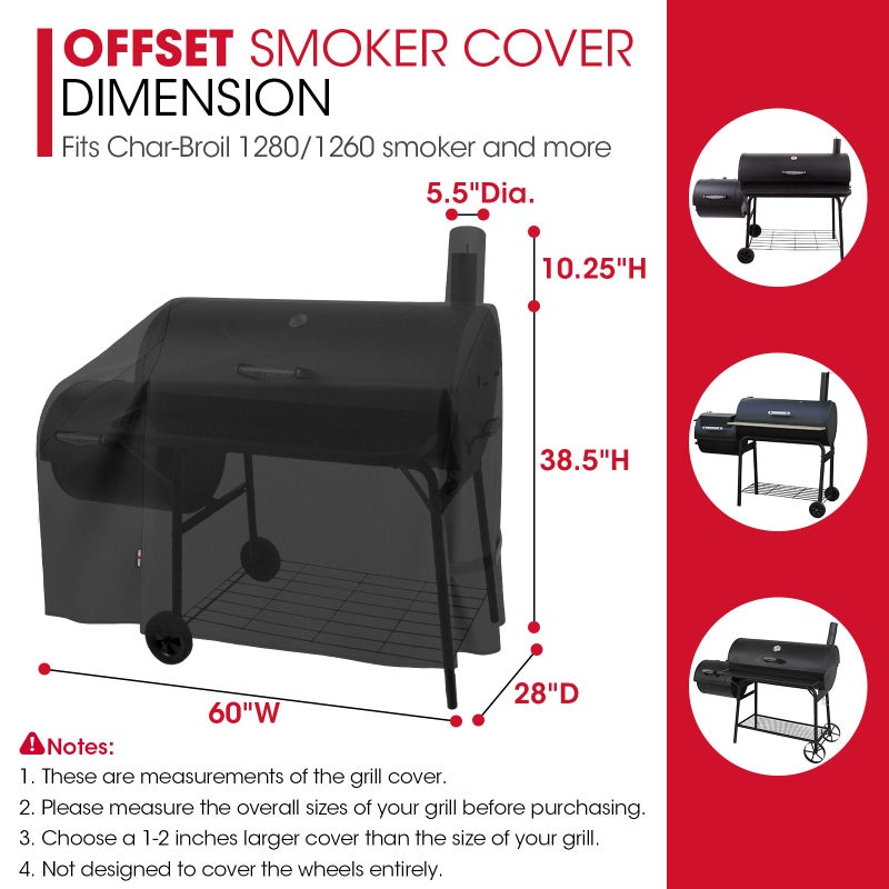 Unicook Offset Smoker Cover 60 Inch, Outdoor Heavy Duty Waterproof Charcoal BBQ Grill Cover, Fade Resistant, Compatible for Brinkmann, Char-Broil, Royal Gourmet and More, Black - Image 2
